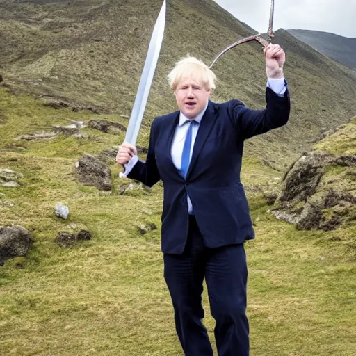 Image similar to Boris Johnson holding a sword standing on top of a mountain