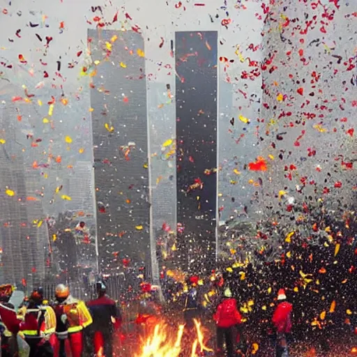 Image similar to 9/11 but fire is replaced by confetti