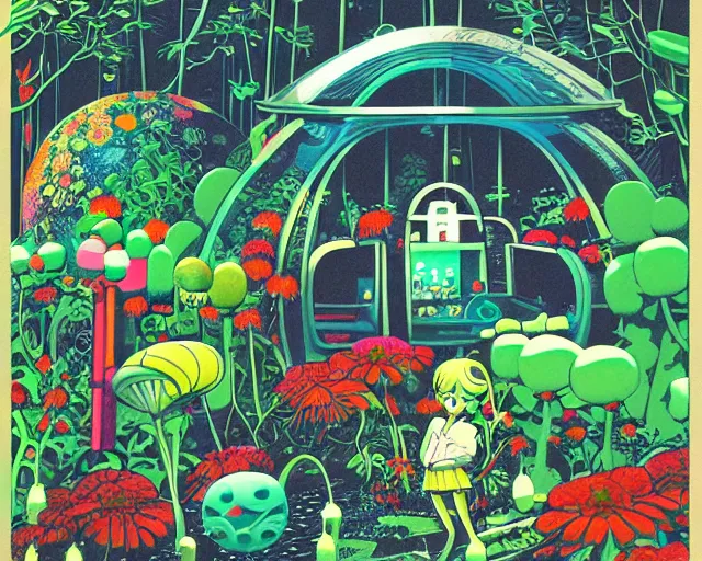 Image similar to pop surrealism alien pavilion garden, retro stylized illustration by leiji matsumoto