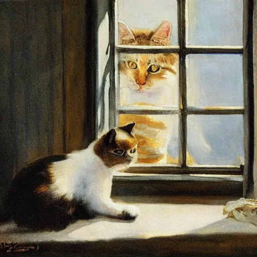 Prompt: a cat with knife in the window the sun shining, by anders zorn, oil painting