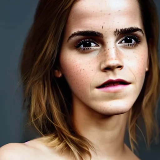 Image similar to portrait photograph of emma watson but her skin looks like avocado skin