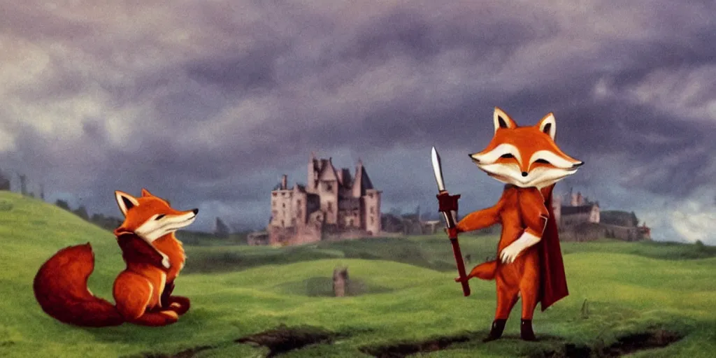 Image similar to anthropomorphic fox who is a medieval knight holding a sword towards a stormy thundercloud 1 9 3 0 s film still, castle in the background