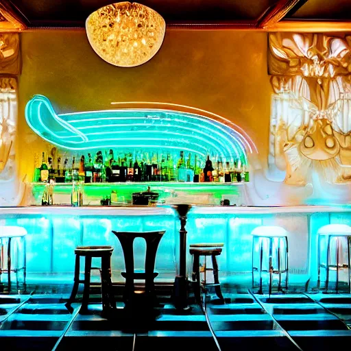 Prompt: a brilliantly lit martini glass backlit at sunset, uplight, fantasy deco bar, neon, opulent, white ivory, prismatic light, the master, phantom thread, photo realism, high resolution, anamorphic - lens, kodak - 5 0 0 t, panavision - primo - 1 7. 5 mm, paul thomas anderson, roger deakins