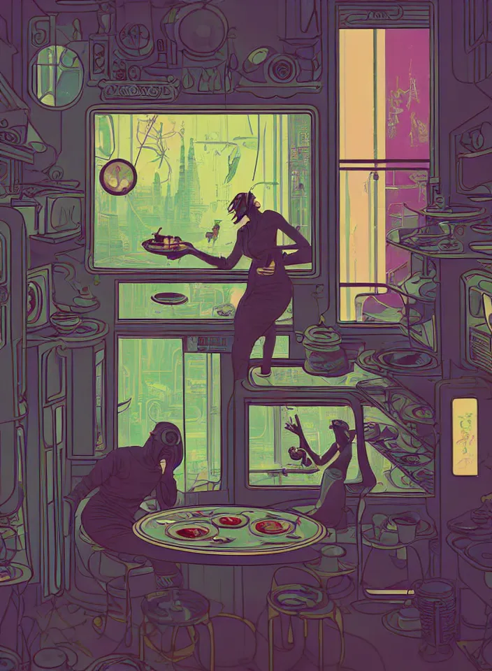 Image similar to telephoto 7 0 mm f / 2. 8 iso 2 0 0 photograph depicting the feeling of chrysalism in a cosy safe cluttered french sci - fi ( ( art nouveau ) ) cyberpunk apartment in a pastel dreamstate art cinema style. ( person cooking ) ( ( fish tank ) ), ambient light.