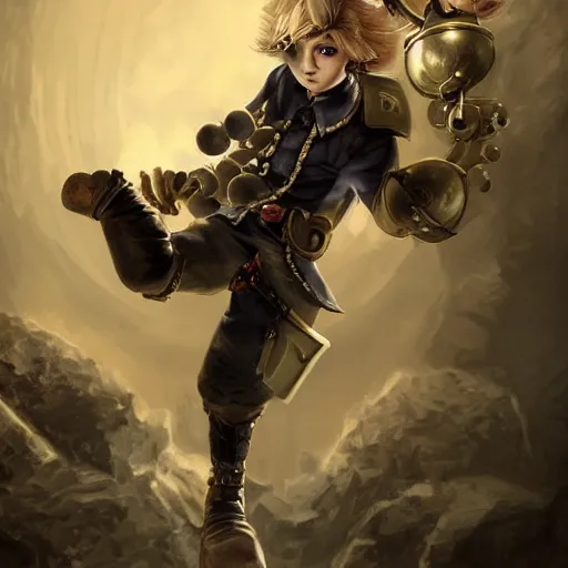Image similar to A blonde boy wearing steampunk wristband that launches out a grapple using steam canisters, epic fantasy art style HD