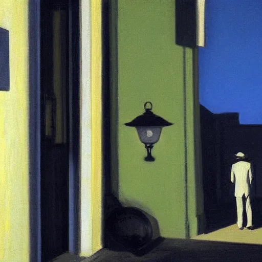 Image similar to man smoking cigarette in shadowy alley near street lamp, by edward hopper, full resolution