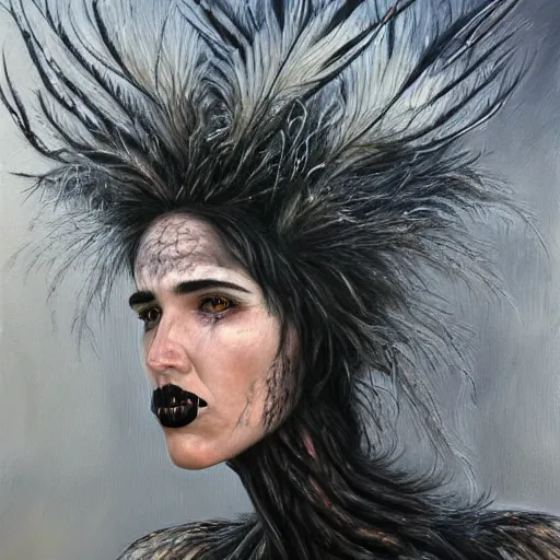 Image similar to detailed realistic oil painting youthful young alien jennifer connelly with black feathers instead of hair, dark fae, black eyes, black lips, uncanny valley, gray mottled skin, feathers growing out of skin, feathers growing from arms, black hands with long black claws, pale and sickly, profile view, full body, gothic, giger - - ar 9 : 1 6