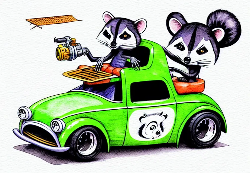 Prompt: cute and funny, racoon riding in a tiny hot rod coupe with oversized engine, ratfink style by ed roth, centered award winning watercolor pen illustration, isometric illustration by chihiro iwasaki, edited by range murata, third person view