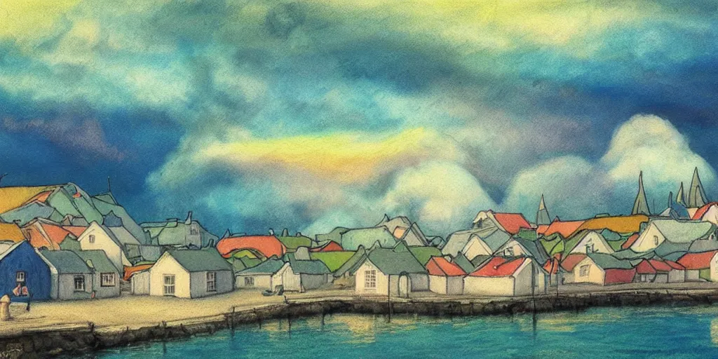 Prompt: a beautiful painting of a icelandic fishing village, storm clouds gathering over the town, by studio ghibli 8 k pastel colours, smeared watercolours, golden light film grain
