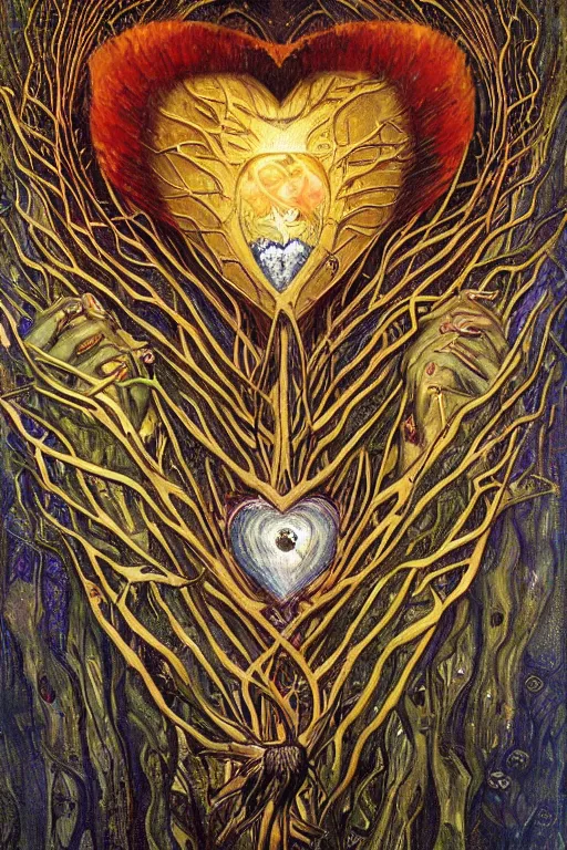 Prompt: Heart of Thorns by Karol Bak, Jean Deville, Gustav Klimt, and Vincent Van Gogh, anatomical heart, sacred heart, Surreality, otherworldly, infernal enigma, Helliquary, fractal structures, celestial, arcane, ornate gilded medieval icon, third eye, spirals, dramatic sharp thorns, rich deep moody colors