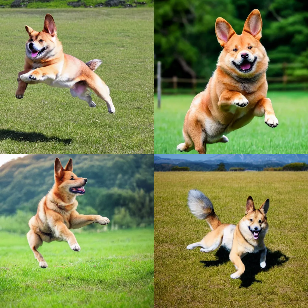 Prompt: a shikoku inu dog jumping like a bunny, grassy field background