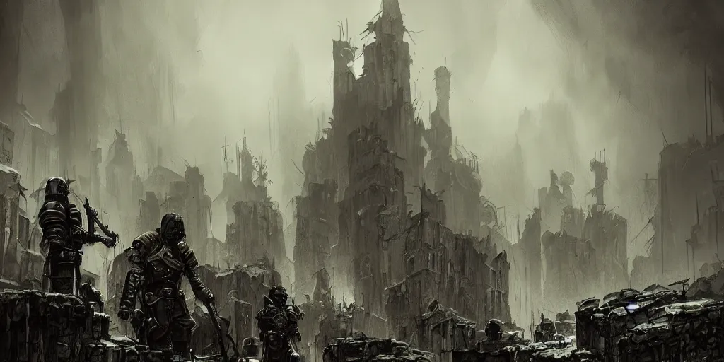 Image similar to grimdark fantasy fortress, trench crusade soldiers, terrifying architecture, looming, dark, fog, atmospheric cold lighting, dark souls, hyperrealistic, art by sparth