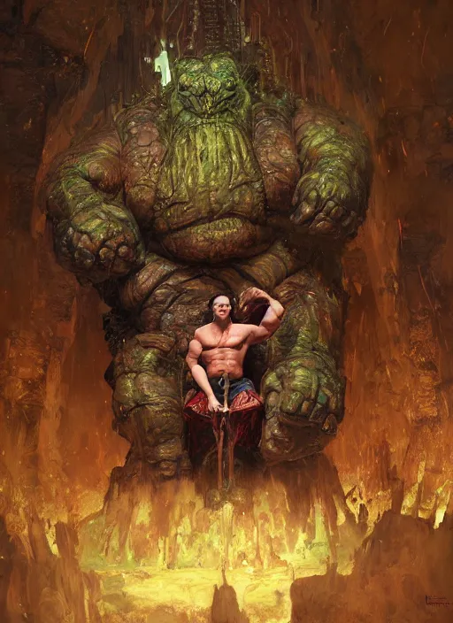 Image similar to huge hulking brute demon king wide shoulders, small evil head, vascular hands, muscular arms, wearing cape sitting on throne in science fiction hall, by sergey kolesov and lawrence alma tadema and norman rockwell and greg staples and craig mullins and john berkey and ruan jia, artstation creature art