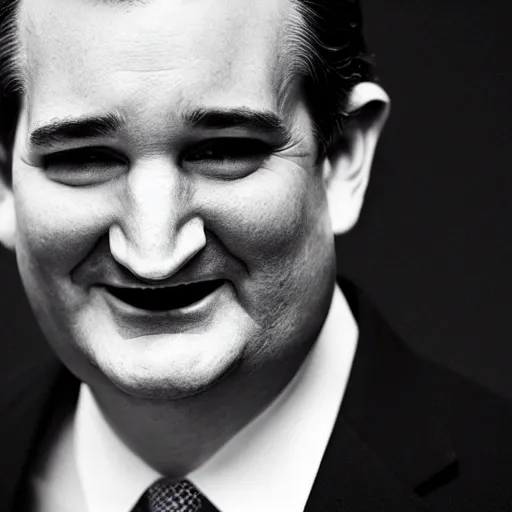 Prompt: Ted Cruz with a wide grin looking up directly at the camera, black and white, creepy lighting, scary, horror, ornate, eerie, fear