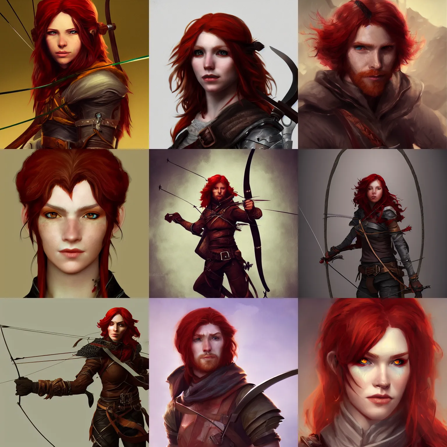 Prompt: portrait of a redhaired rogue archer, fantasy, cgsociety, artstation