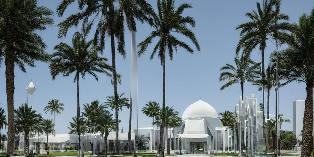 Prompt: futuristic translucent mosque exterior shadows, palm trees, lush lawn, complex, detailed, clear skies, reflective, pearlescent, white panels, glass, geodesic, architecture by Buckminster Fuller and photo by Nick Hufton and Allan Crow