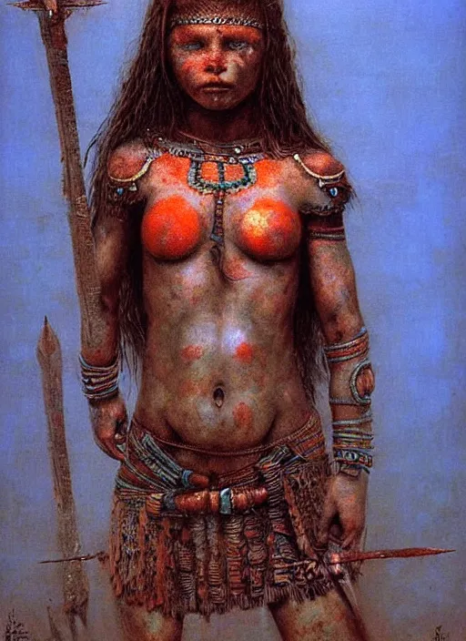 Prompt: barbarian warrior girl in tribal painting by Beksinski
