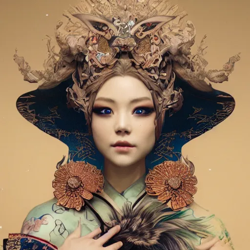 Image similar to a photorealistic dramatic fantasy render of a beautiful woman wearing a beautiful intricately detailed japanese rabbit kitsune mask and clasical japanese kimono by wlop, artgerm, greg rutkowski, alphonse mucha, beautiful dynamic dramatic dark moody lighting, shadows, cinematic atmosphere, artstation, concept design art, octane render, 8 k