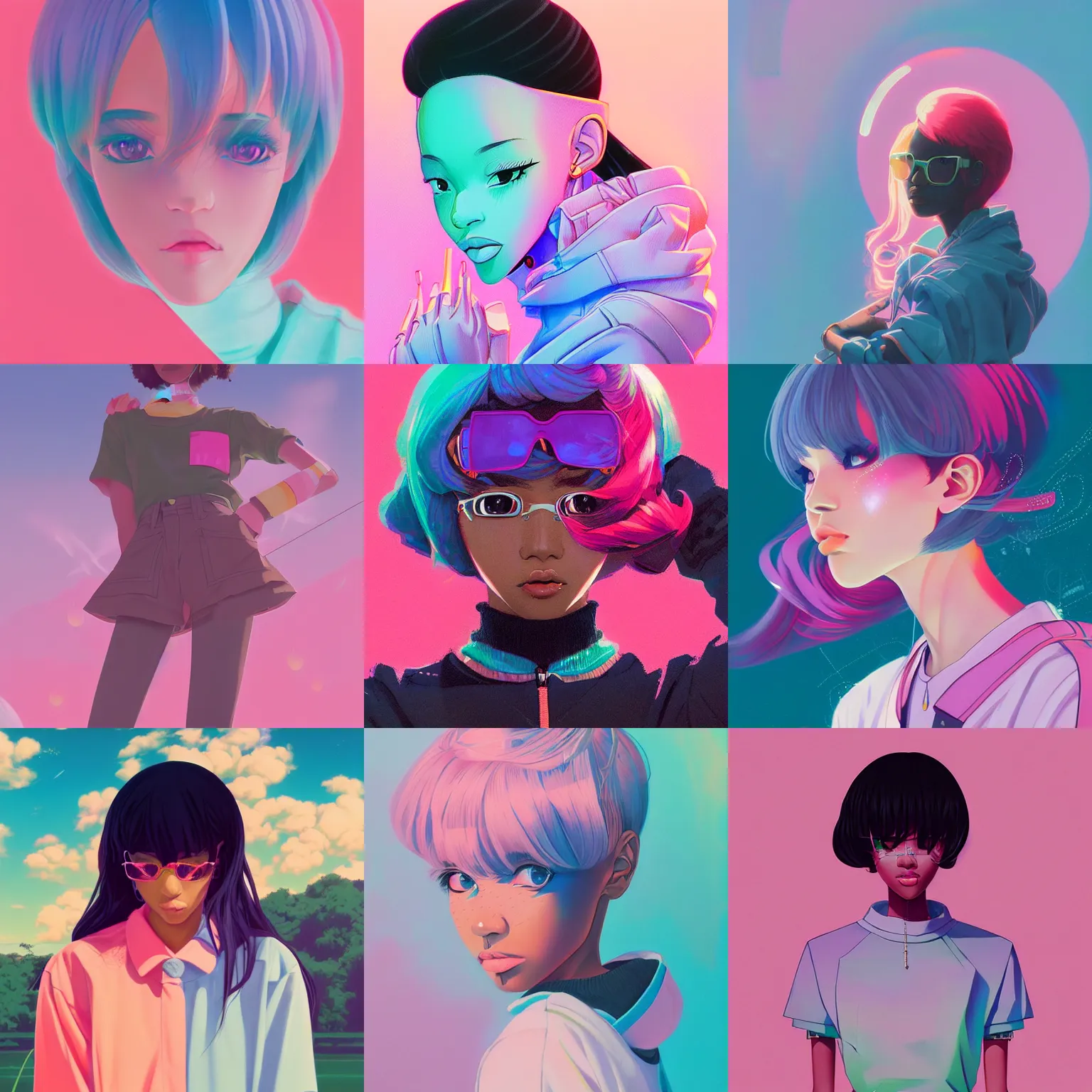 Prompt: retro 9 0 s, black girl, lofi girl aesthetic, pastel, vaporwave colors, anime, futuristic, hyperrealistic painting, by stanley twardowicz, ilya kuvshinov, rossdraws