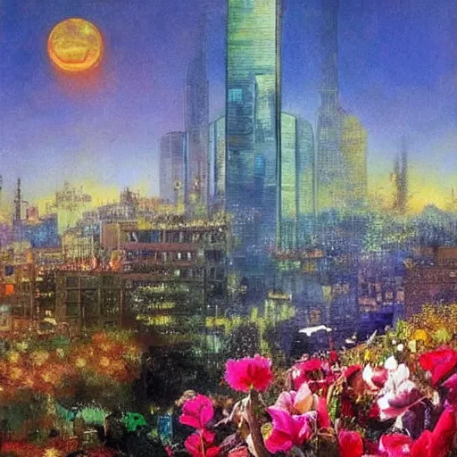 Image similar to a very beautiful eco - friendly environmental future!!! city cityscape, flying cars and elevated!! trains and solar power, lots of plants and flowers, sunrise, style of olidon redon