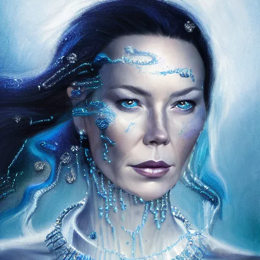 Image similar to masterpiece portrait of an aesthetic mage woman, ice spell, 3 0 years old woman, ( connie nielsen like ), black dynamic hair, wearing silver diadem with blue gems inlays, silver necklace, painting by joachim bergauer and magali villeneuve, atmospheric effects, chaotic blue sparks dynamics in the background, intricate, artstation, fantasy