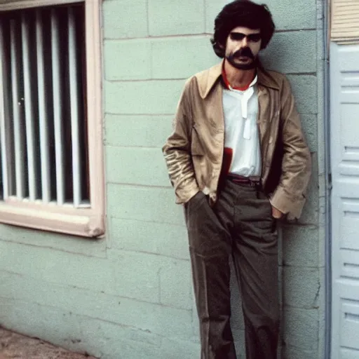 Prompt: a photo from 1 9 8 3 of yosef kavinsky standing in front of his new apartment by wes anderson