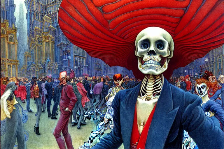 Image similar to realistic detailed closeup portrait painting of a single skeleton wearing red velvet blazer in a crowded futuristic moscow street by Jean Delville, Amano, Yves Tanguy, Alphonse Mucha, Ernst Haeckel, Edward Robert Hughes, Roger Dean, rich moody colours, blue eyes