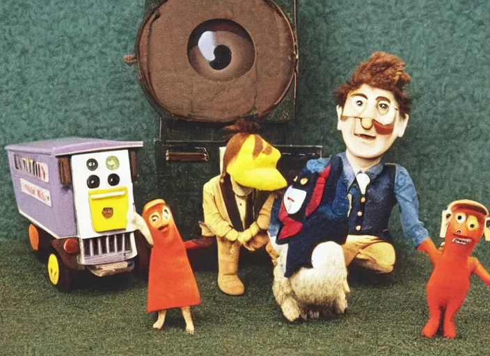 Image similar to a scene from a 1 9 8 0 s british kids tv programme by the bbc and oliver postgate, stop motion animation, postman pat, vhs distortion, folk horror, hauntology