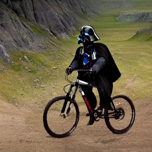 Image similar to Darth Vader from Start Wars riding a mountain bike