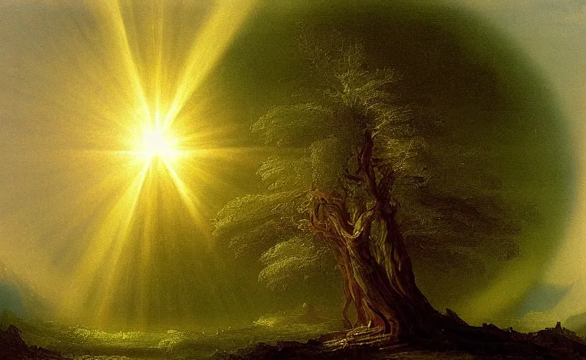 Prompt: a tree of omnious light painted by thomas cole