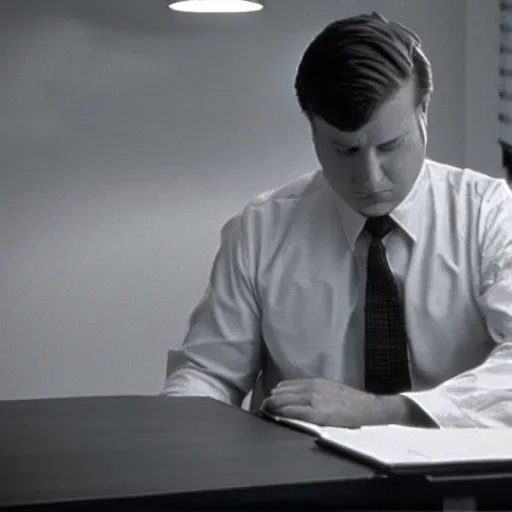 Image similar to clean - shaven chubby white man wearing a shirt and necktie sitting at a desk, 1 9 8 9 movie still, cinematography, cinematic lighting