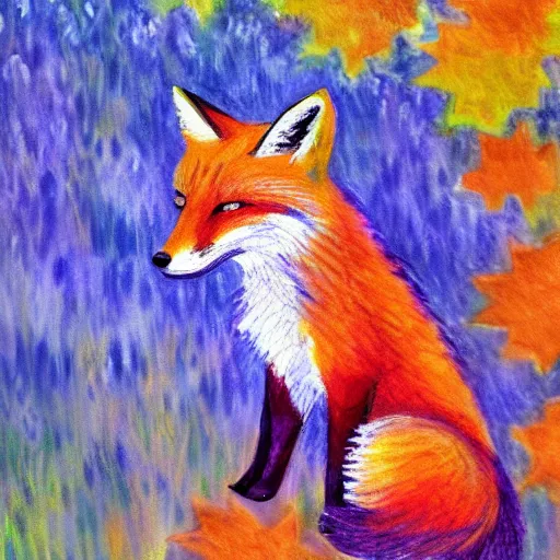 Prompt: fox in the garden, vivid watercolor, in the style of claude monet, beautiful face, fall leaves multiple colours, award winning, hd, 4 k, purple, blue