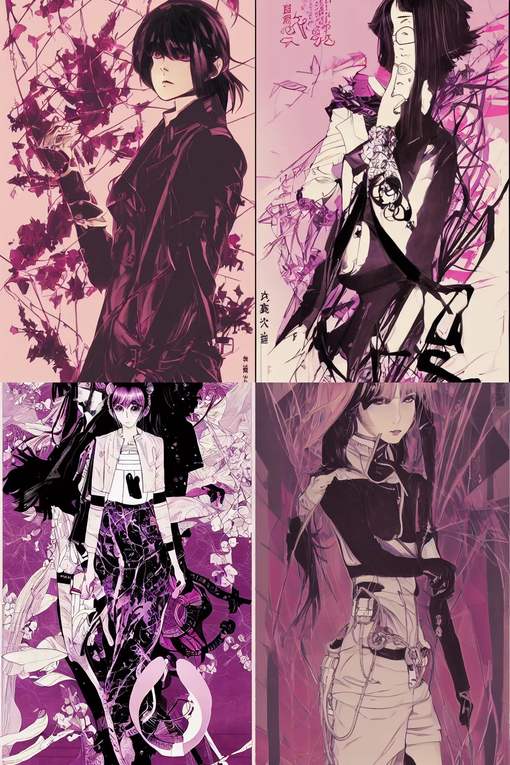 Prompt: professionally drawn shoujo mature cyberpunk detective horror romance manga comic cover full color, beautifully drawn coherent professional, drawn by ilya kuvshinov, ilya kuvshinov!, dave mckean, alphonse mucha and tsutomu nihei. japanese script kanji hiragana on the cover. simplistic minimalist stylized cover art. pink purple blue full color.