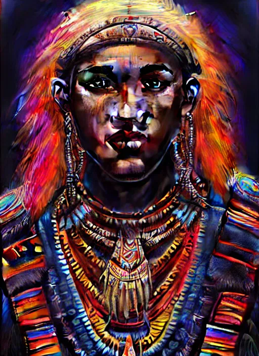 Image similar to portrait of jessie usher, hyper detailed ultra sharp aztec shaman warrior. trending on artstation, warpaint aesthetic, bloodwave, colorful, psychedelic, ornate, intricate, digital painting, concept art, smooth, sharp focus, illustration, art by artgerm and greg rutkowski and h. r. giger, 8 k