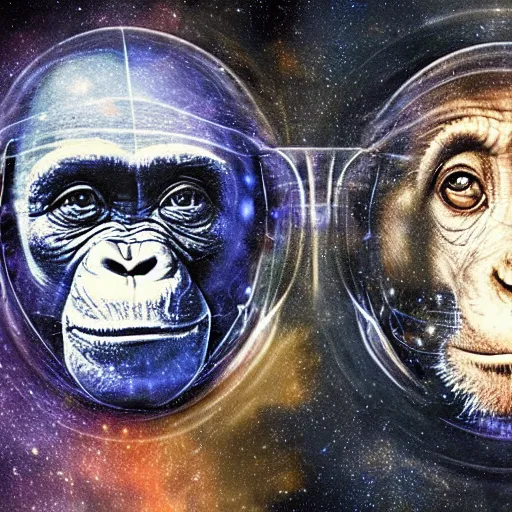 Prompt: double exposure portrait of astronaut and a chimpanzee astronaut with space and time in the the background by davinci, circles, psychedelic, pencil art, high definition, dynamic lighting stars, sharpness, spirals, golden ratio