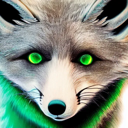 Image similar to close up of photorealistic green fox with green fur and glowing magenta eyes, wearing a black hoodie