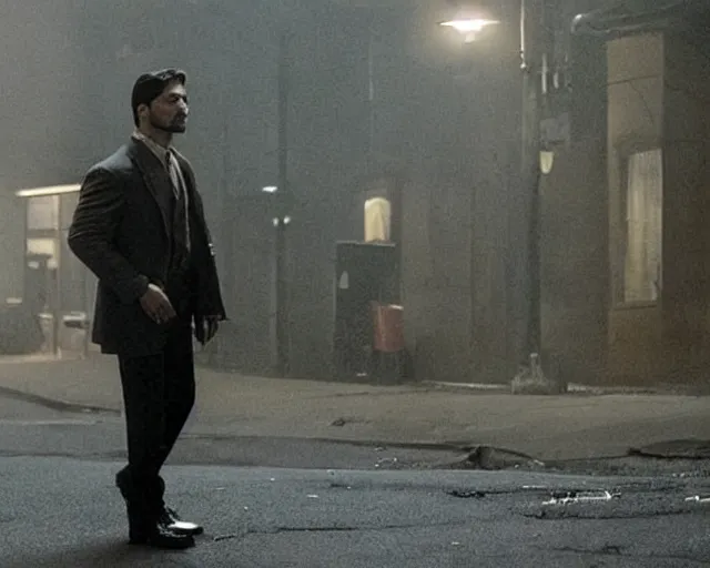 Image similar to in this scene from david chase's hbo miniseries the outfit, a supernatural mafia crime thriller about magical monster - hunting mafiosi in 9 0 s philadelphia, the main character ( joe manganiello ) is terrified when he sees a man turn into a strange ephemeral spirit of rage. realistic hd 8 k film photography, modern horror cgi vfx.