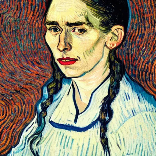 Image similar to detailed portrait of jacinda ardern as an 1890s peasant milkmaid sitting in her bedroom on a starry night painted by van gogh