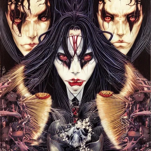 Prompt: portrait of vampire kiss, symmetrical, by yoichi hatakenaka, masamune shirow, josan gonzales and dan mumford, ayami kojima, takato yamamoto, barclay shaw, karol bak, yukito kishiro