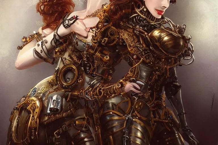 Image similar to three-quarters pose portrait of Anne Hathaway as a beautiful Lady Mechanika, very beautiful young woman, ginger wavy hair, Victorian-era push-up underwire. Intricate, steampunk imagery themed, D&D!, fantasy style, sharp focus!, ultra detailed, art by Artgerm and Peter Andrew Jones