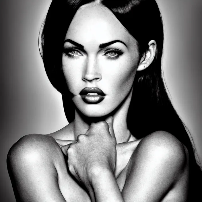 Prompt: photography face portrait of a beautiful woman like megan fox, black and white photography portrait, skin grain detail, high fashion, studio lighting film noir style photography, by richard avedon, and paolo roversi, nick knight, hellmut newton, nobuyo araki, on a tropical wallpaper exotic patern background