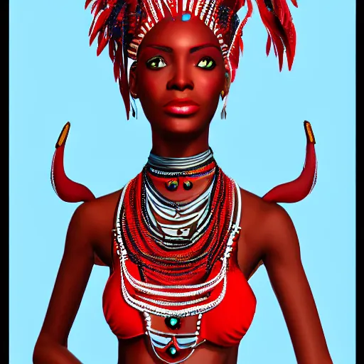 Image similar to african woman with red tribal clothes and black wings, ultra detailed, 8 k, trending on artstation, award - winning art,