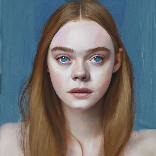 Image similar to professional painting of Elle Fanning in the style of Vanessa Beecroft, head and shoulders portrait, symmetrical facial features, smooth, sharp focus, illustration, intricate, stormy weather, extremely detailed masterpiece,