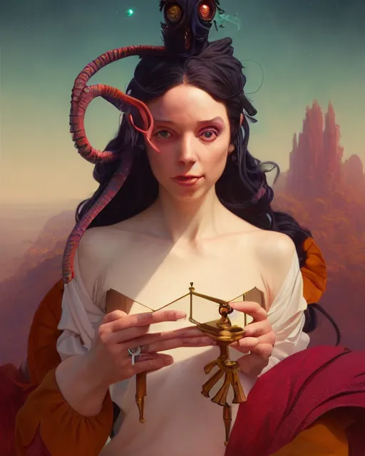 Image similar to highly detailed surreal vfx portrait of a beautiful female magician, stephen bliss, unreal engine, greg rutkowski, loish, rhads, beeple, makoto shinkai and lois van baarle, ilya kuvshinov, rossdraws, tom bagshaw, alphonse mucha, global illumination, detailed and intricate environment