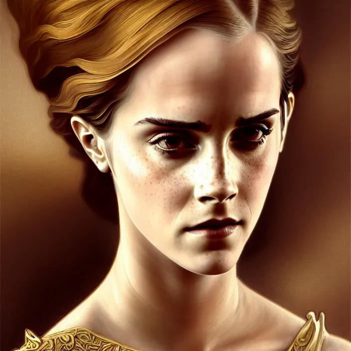 Image similar to ancient queen emma watson, symetrical, diffuse lighting, fantasy, intricate, elegant, highly detailed, lifelike, photorealistic, digital painting, artstation, illustration, concept art, 4 k, smooth, sharp focus, art by john collier and albert aublet and krenz cushart and artem demura and alphonse mucha