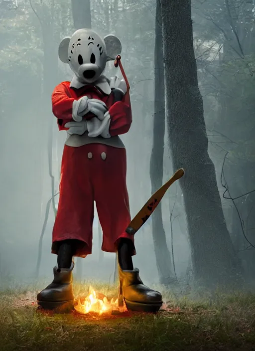 Image similar to Mickey Mouse cast as Jason Voorhees, still from Friday the 13th movie, hyperrealistic, 8k, Octane Render,