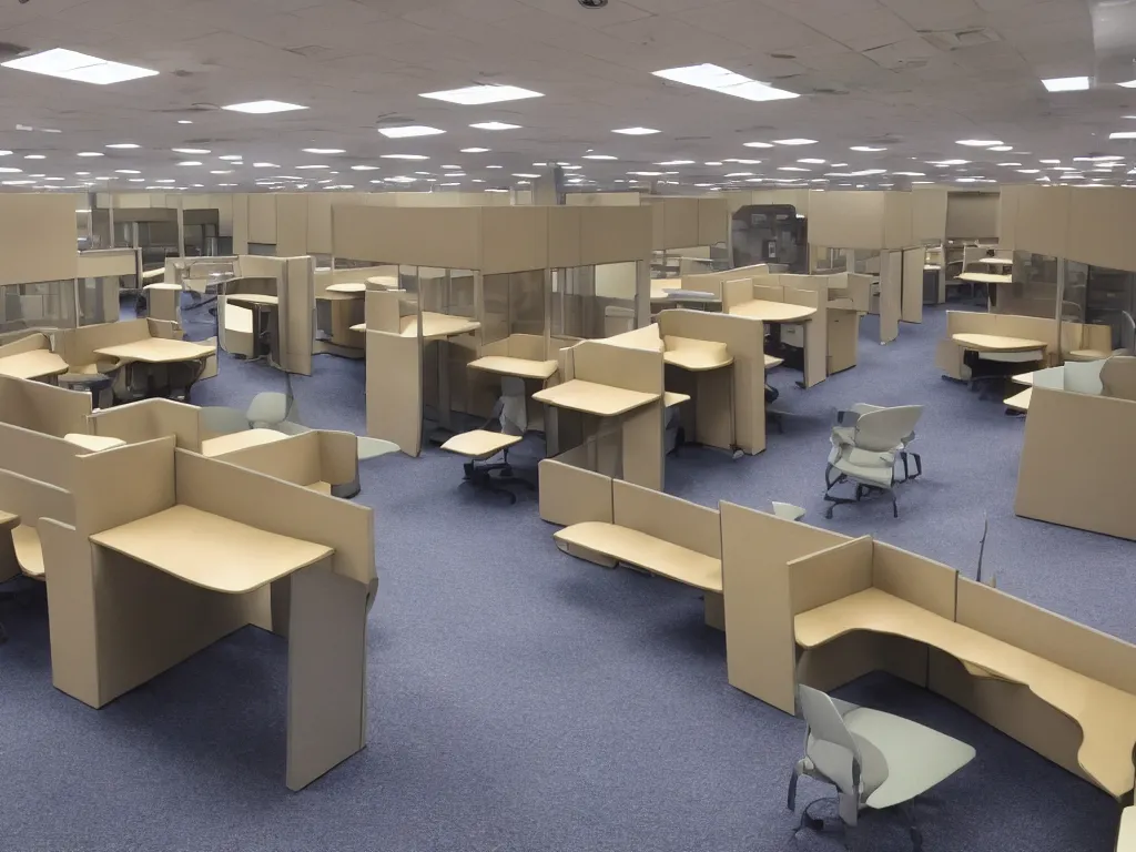 Image similar to 9 0 s cubicle office with stairs made of tables chairs fractal