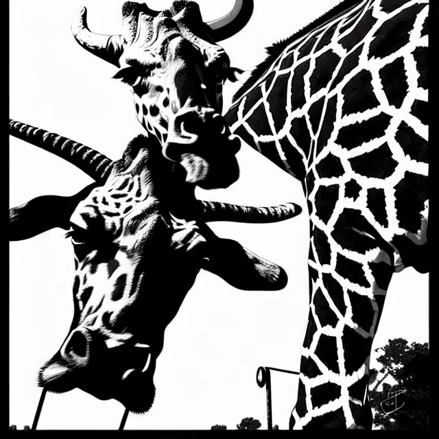 Prompt: an imposing bull cowboy staring down a rival giraffe cowboy, manga comic style, digital art, pastel colours