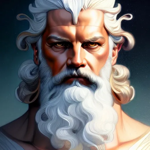 Image similar to portrait of zeus, intricate, elegant, highly detailed, digital painting, artstation, concept art, smooth, sharp focus, illustration, art by artgerm and greg rutkowski and alphonse mucha