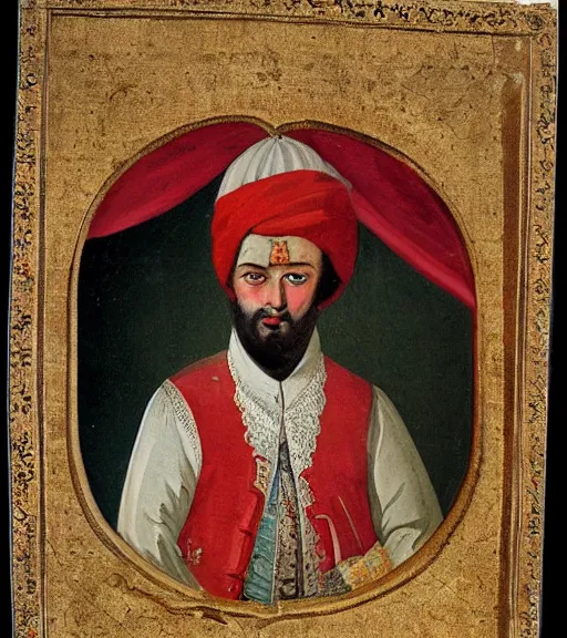 Image similar to 1 8 th century ottoman portrait of a filthy sultan with a turban, living in a giant palace, highly detailed